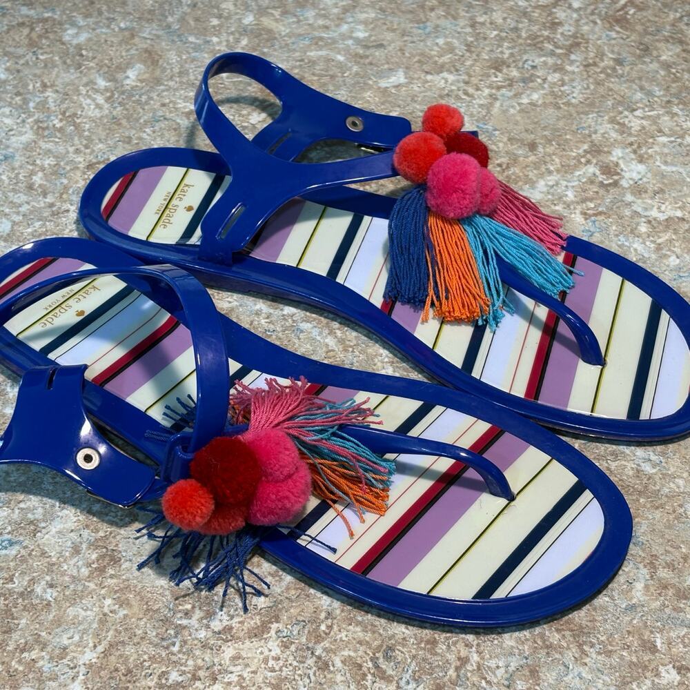 Kate Spade Yellowstone Jelly Pom Pom Tassel Colorful Bright Fun Flats Sandals 10 - Picture 12 of 12